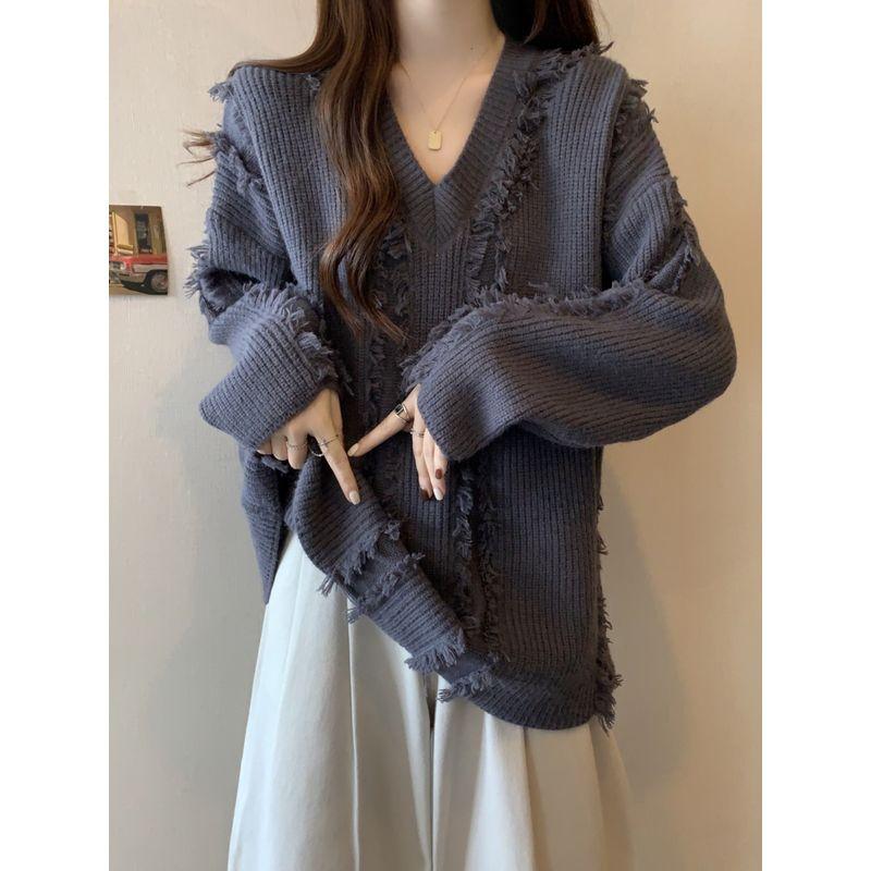 Fashion Plus Size Chubby Girl Autumn and Winter Lazy Style V Neck Pure Color Slimming Slim Fit Loose Casual Long Sleeves Knitwear Sweater
