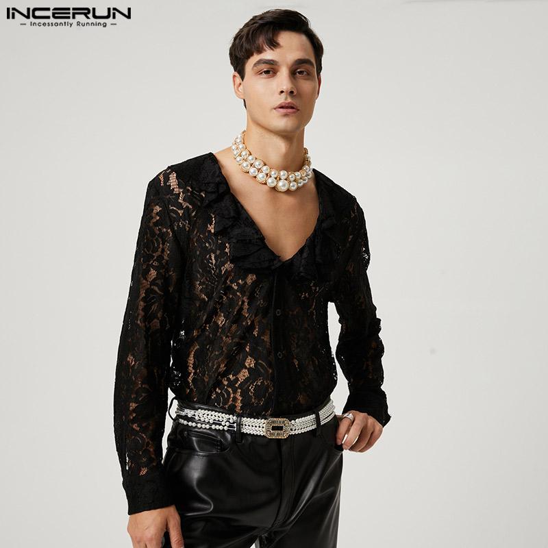 

INCERUN S-5XL весна-лето мужская кружевная прозрачная блузка с длинными рукавами приталенная рубашка на пуговицах в сеточку Клубная одежда топы