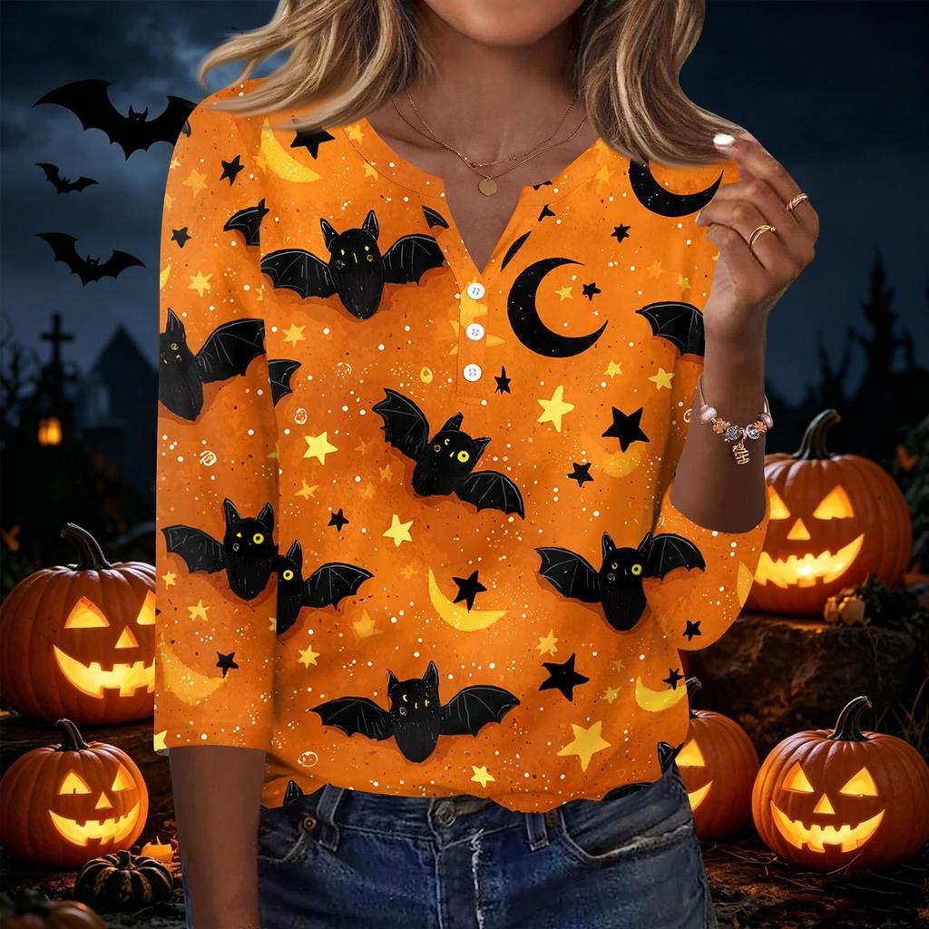 Women V Neck Button Three Quarter Sleeve Top Halloween Print Casual Loose Fit T Shirt for Daily and Holiday Wear