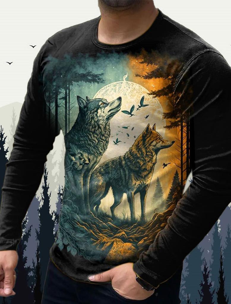 Men's T Shirts Vintage Animal Wolf Long Sleeve Tops Autumn Sweatshirt Graphic Casual Hip Hop Fashion Clothing O-neck T-shirts