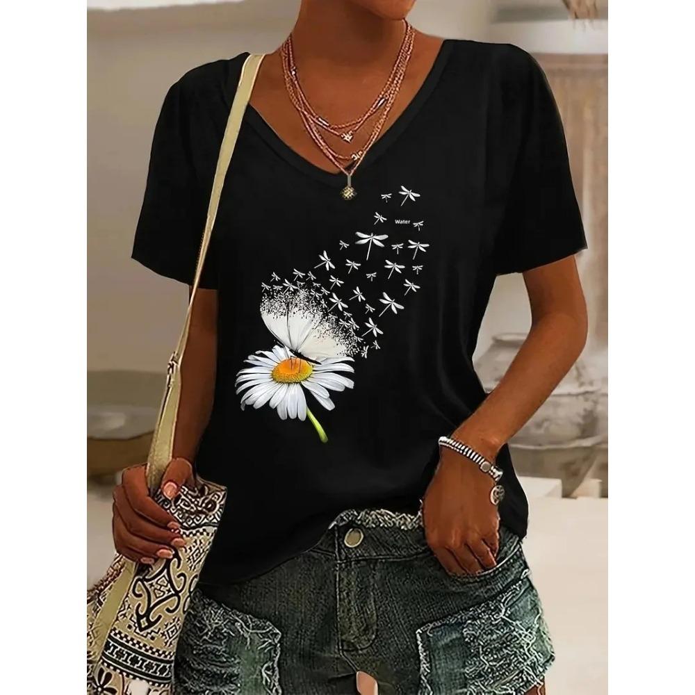 Summer Women's T-shirt Cat Pattern Printing V-neck Short-sleeved Loose Oversized Clothes