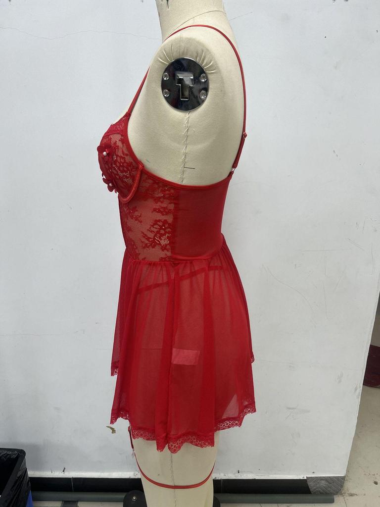 European & American Lace See-Through Red Lingerie Dress