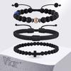 Vnox 3pcs/Set Black Onyx & Lava Stone Bracelet Set with Cross Charm, Adjustable Natural Stone Beaded Punk Men's Wristbands