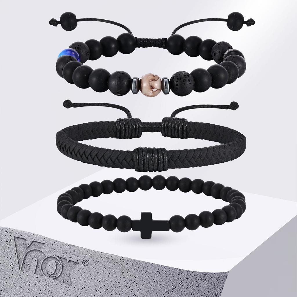 Vnox 3pcs/Set Black Onyx & Lava Stone Bracelet Set with Cross Charm, Adjustable Natural Stone Beaded Punk Men's Wristbands