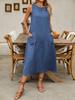 Damen Sommerkleid, lässig, ärmellos, Baumwolle, Leinen, Maxilänge, Tunika, Rundhalsausschnitt, Tank, solides Strandkleid mit Taschen