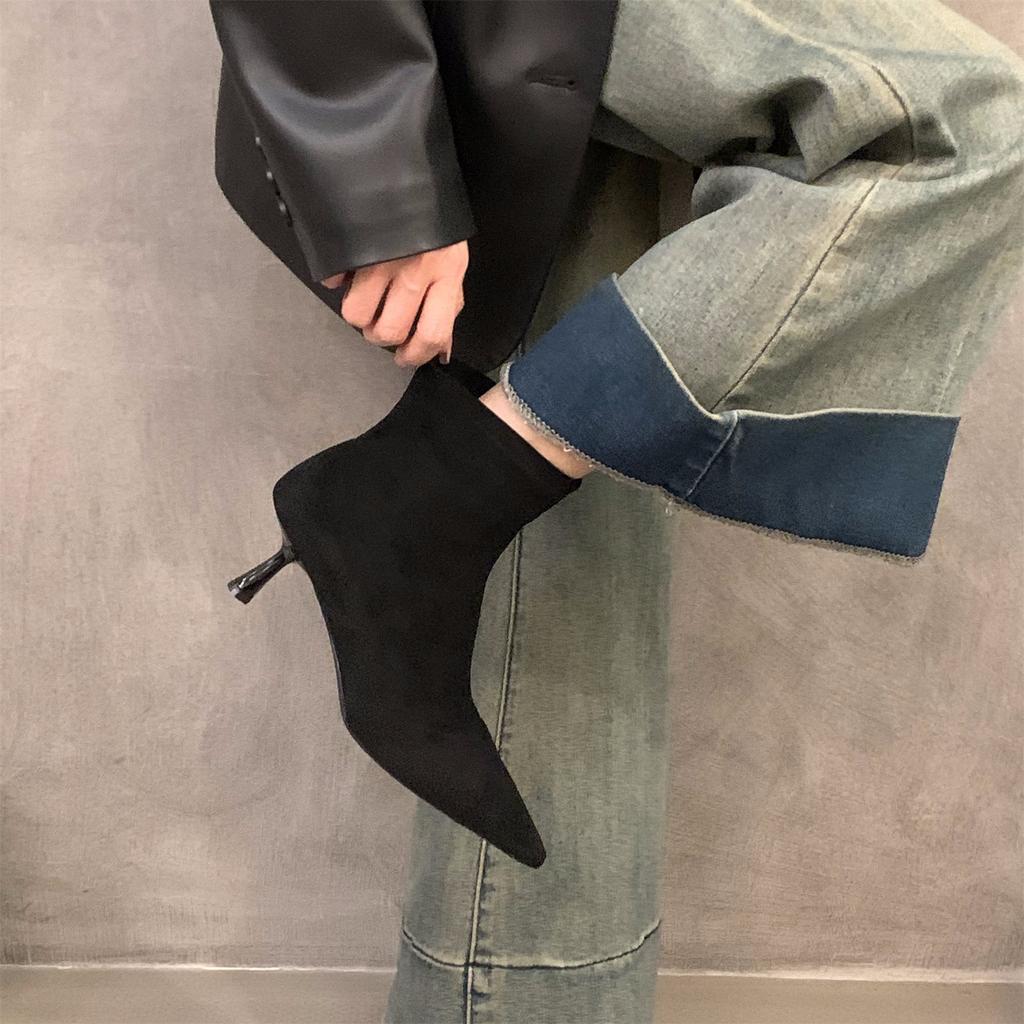 High Heel Thin Heel Pointed Suede Thin Boots Short Boots Women's Shoes 2025 New Autumn and Winter Brown French Small Ankle Boots