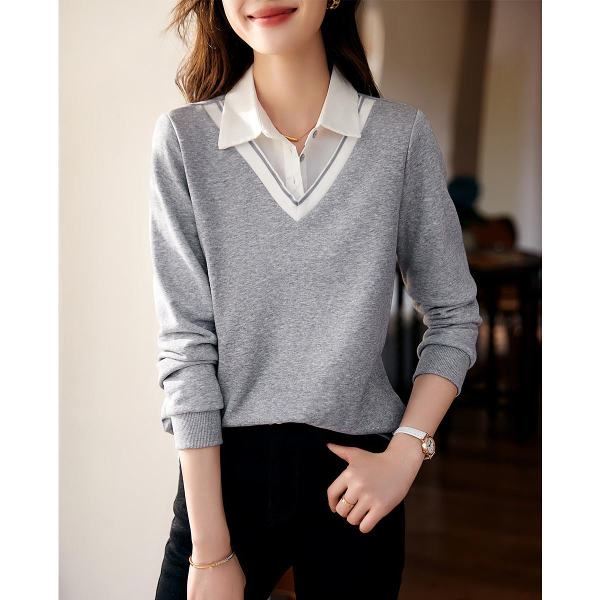 

Fashiona Versatile Fake Two-piece Spring Autumn New Hoodies Contrasting Color Stitching Women s Sweatshirt with Polo Collar L сірий колір