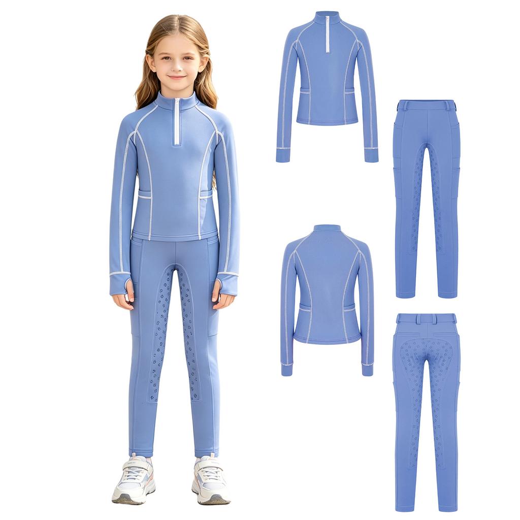 Tenue d'équitation pour filles Ensemble à col montant, manches longues avec trous pour les pouces, pull à fermeture éclair avec pantalon d'équitation à grip intégral antidérapant pour l'entraînement