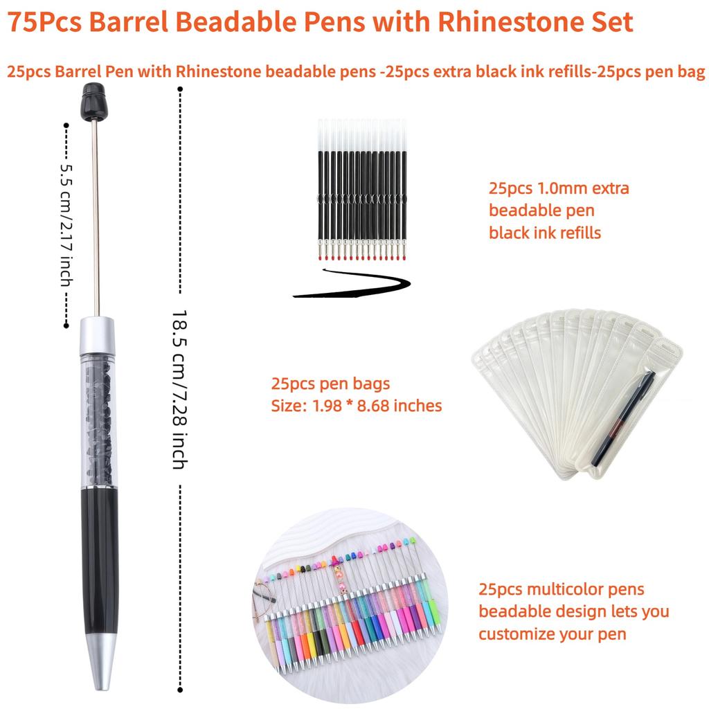 75Pcs Rhinestone Beadable Pen Kit 25 DIY Craft Pens with Refills & Bags
