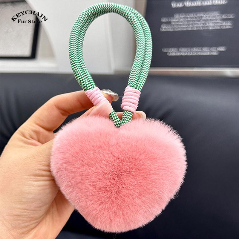 Heart Keychain Plush Pompom Rabbit Fur Keychain Women Bag Car Key Chain Pendant Decoration Jewelry Hangings Accessories Gifts