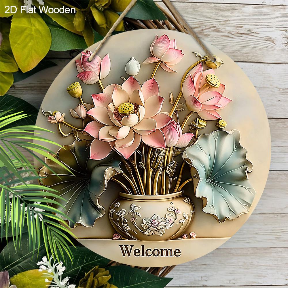 Rustic Lotus Bonsai Wooden Welcome Sign - Artistic Decorative Hanging Plaque - Ideal Home Hanging Ornament