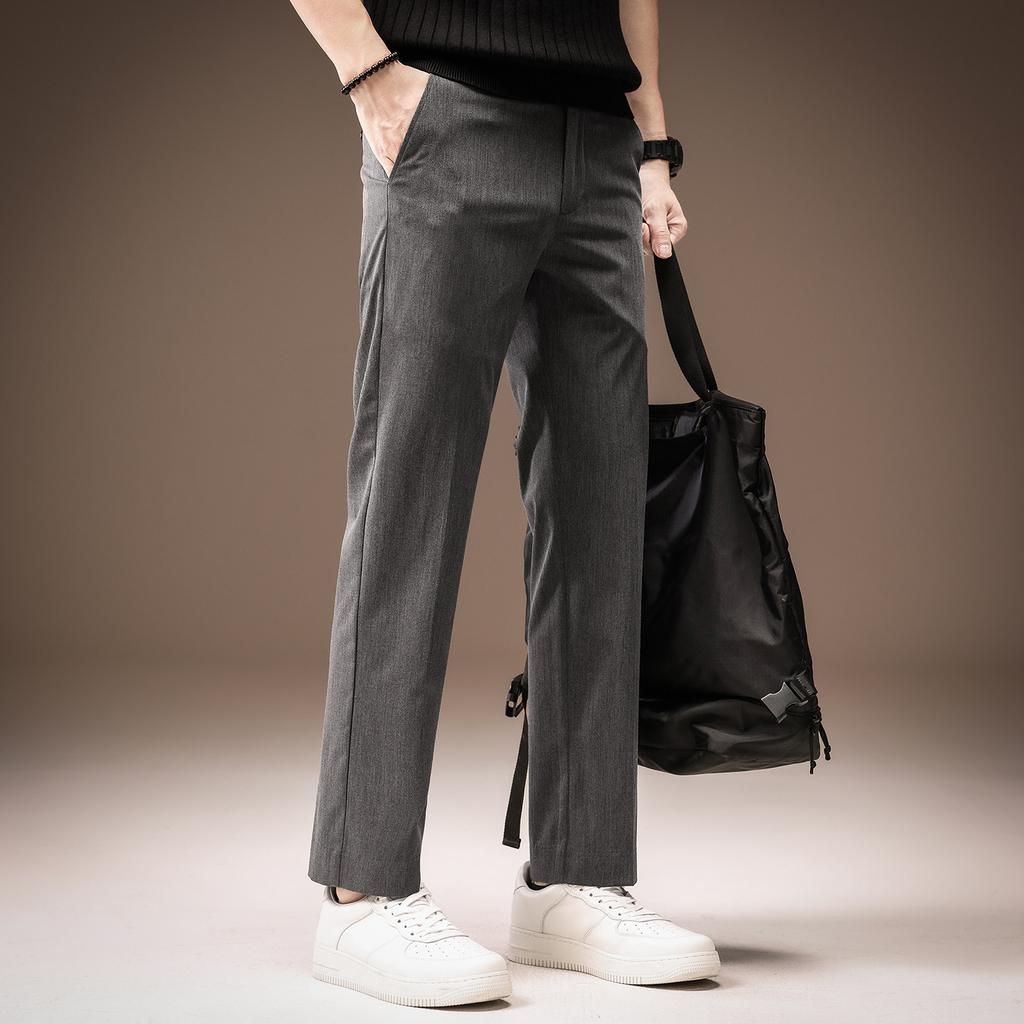 High-end French business ice silk cool slim-fitting pants men's summer thin drape straight casual nine-point pants