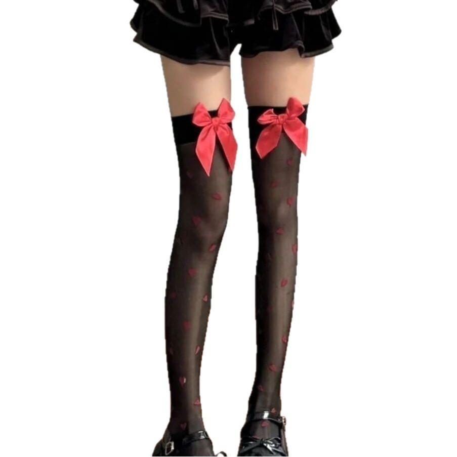 Christmas Sweetheart High Stockings Love Pattern Red Bow Ultra-Thin Beautiful Legs Stockings Knee Socks Women'S Stockings