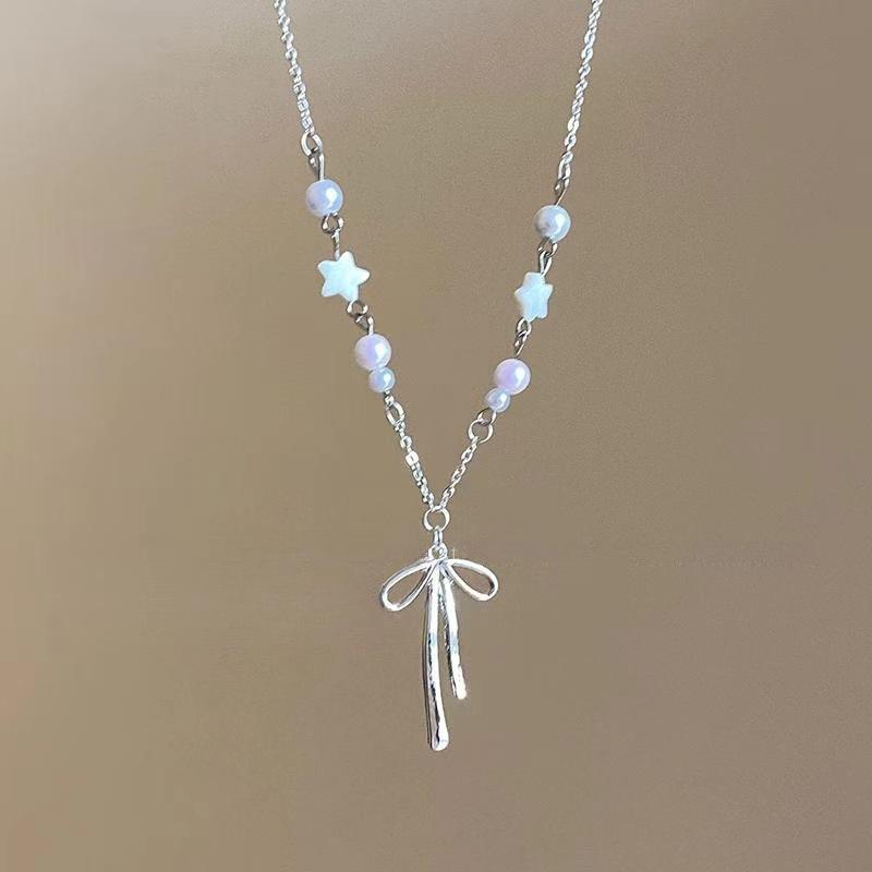 Trendige Perlen-Knoten-Halskette für Damen Elegantes Stern-Schleifen-Quasten-Choker-Schlüsselbein-Kette Party-Schmuck Geschenk