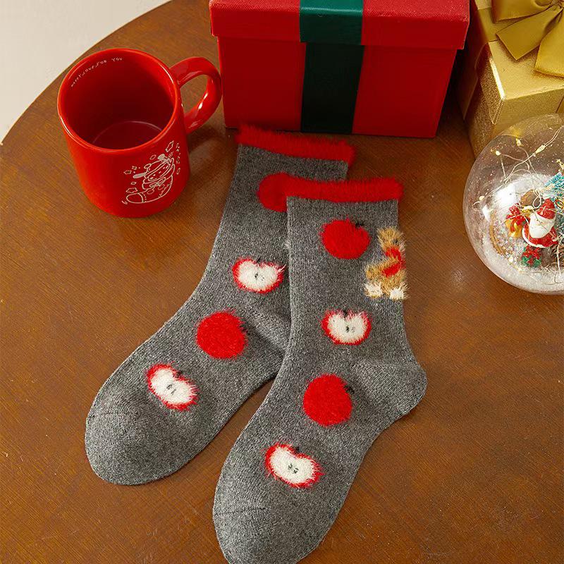

Рождественские шерстяные носки с мишкой и яблоком - Милые махровые носки до середины икры для осени и зимы One Size