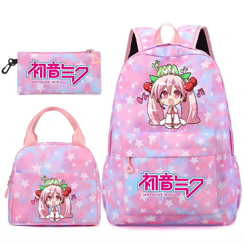3 Stück/Set Anime Cartoon Hatsune Miku Bedruckter Rucksack Handtasche Federmäppchen für Teenager Schüler Mädchen Jungen Große Kapazität Wasserdicht Schultasche Reisetasche