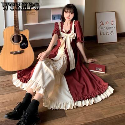 Sweet College Style Bow Dress Girl Student Small Fresh Bubble Sleeve A-line Large Swing Skirt Over Knee Skirt