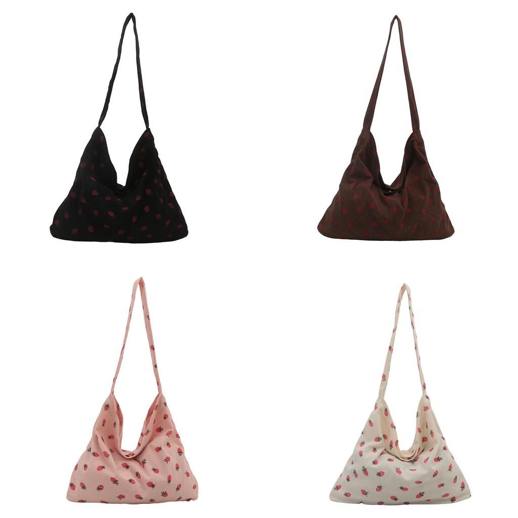 Corduroy Strawberry Print Tote Bag With Magnetic Closure For Daily Use