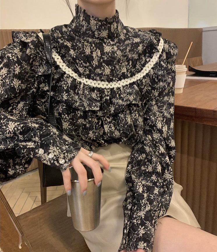 2026 French Retro Floral Ruffle Shirt for Women – Spring/Summer Stand Collar Chic Top S