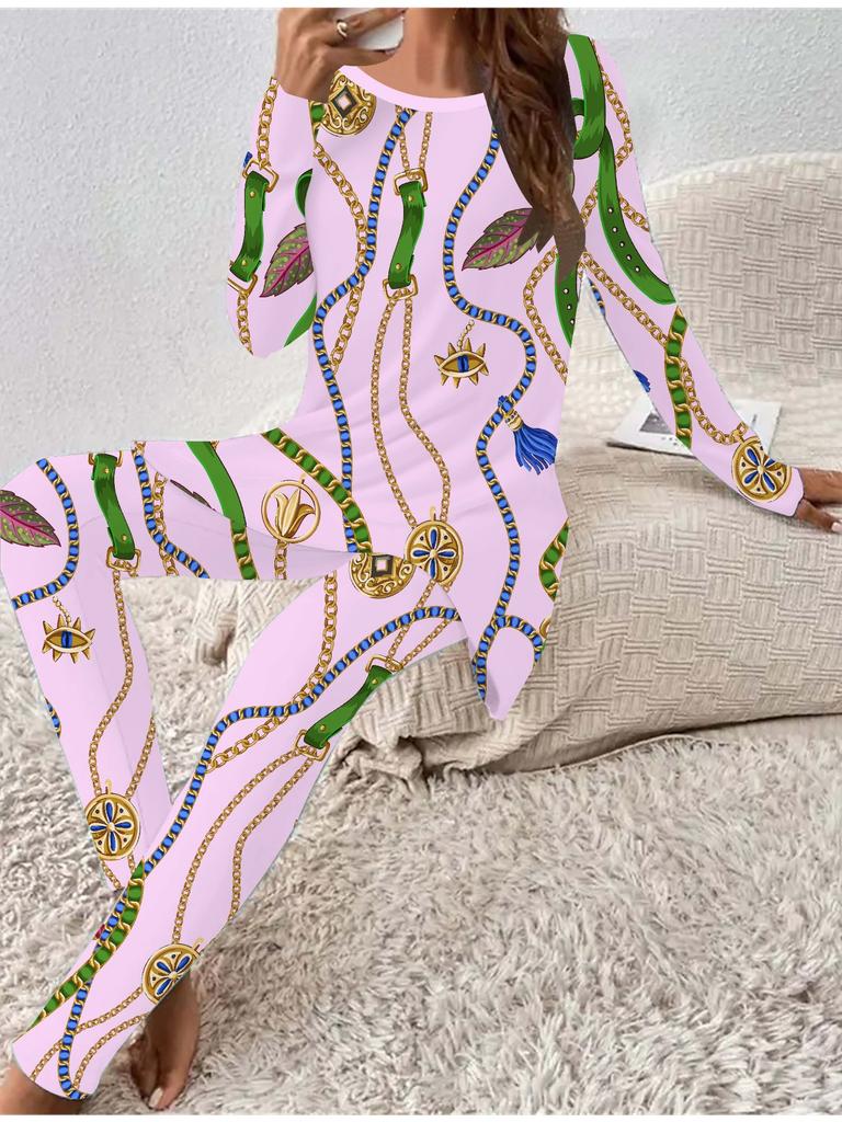 Euro-American Fashion 3D Geometry Printed Women's  Four-season Long-sleeved T-shirt + Long Pants Two-piece Set. Perfect Gift for New Year & Christmas