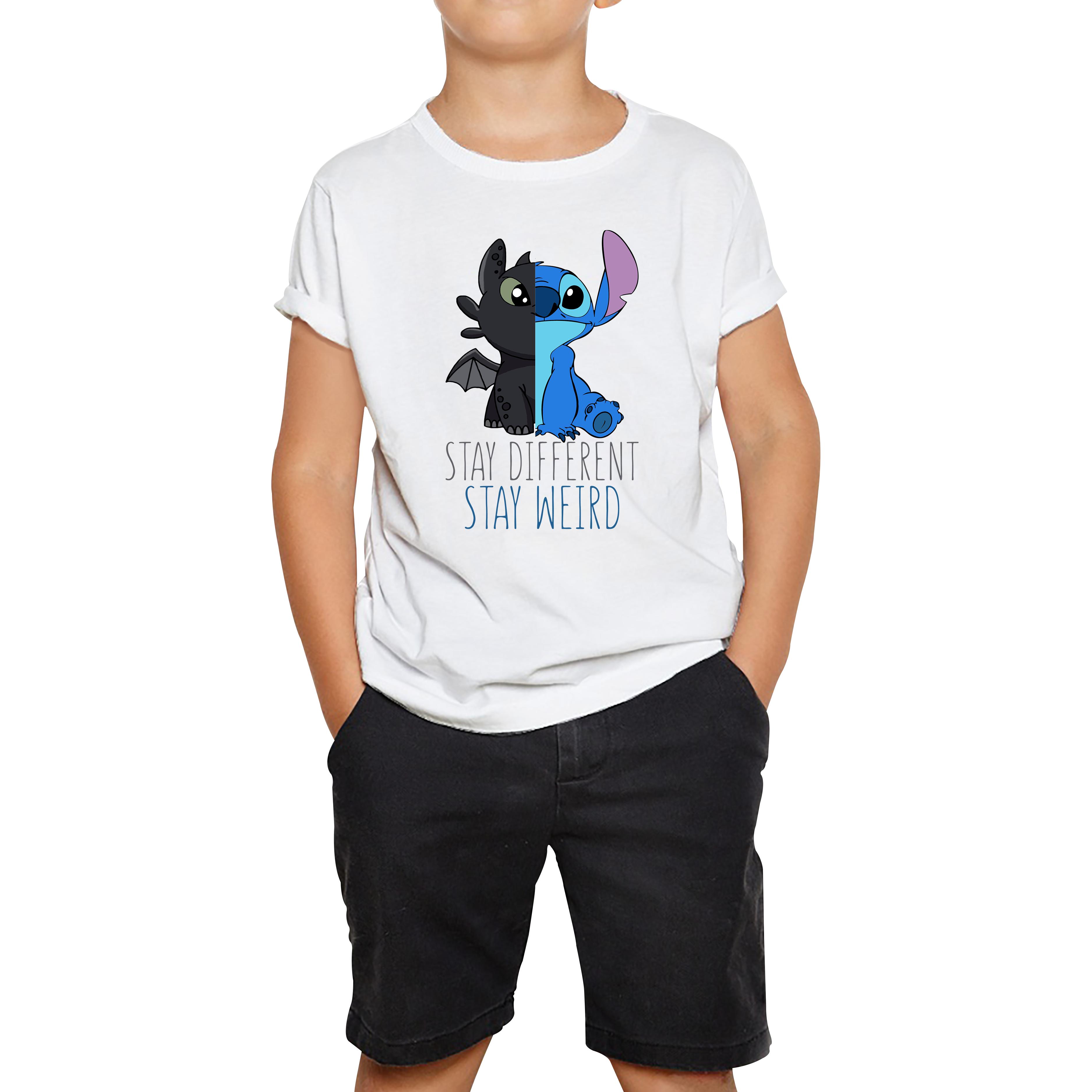 Disney Stitch and Toothless Stay different Stay Weird Kids T Shirt 140