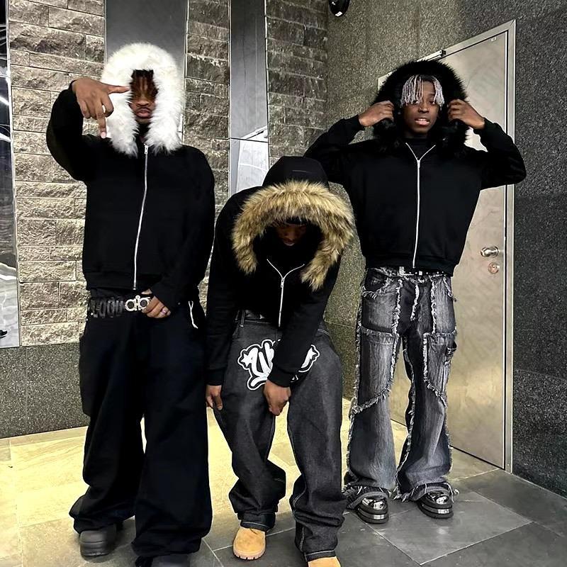 ROADVIBE Fluffy Hat Hoodie Solid Color Casual Long Sleeve Hoodie Retro Coat Street Trend Y2k