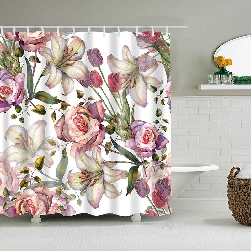 Watercolor Flower Shower Curtain, Vintage Plum Blossom Tropical Plant Green Leaf Bird Elegance, Bathroom Decor Set With Hooks