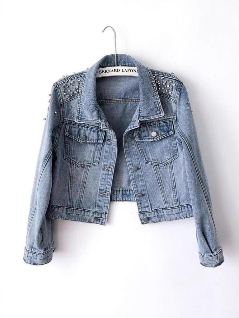 European-Style Beaded Rhinestone Denim Jacket for Women, Spring/Autumn 2025, High-End Cropped Design