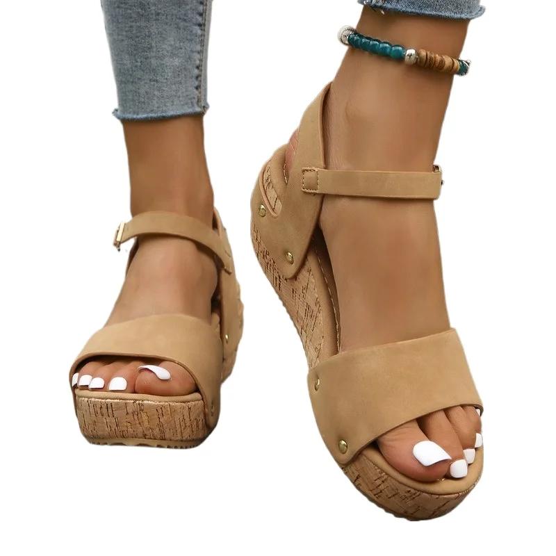 Fashion 2025 Ladies Shoes Peep Toe Women's Sandals Fashion Rivet Summer Casual Buckle Strap New Plus Size Comfortable Wedge Sandals