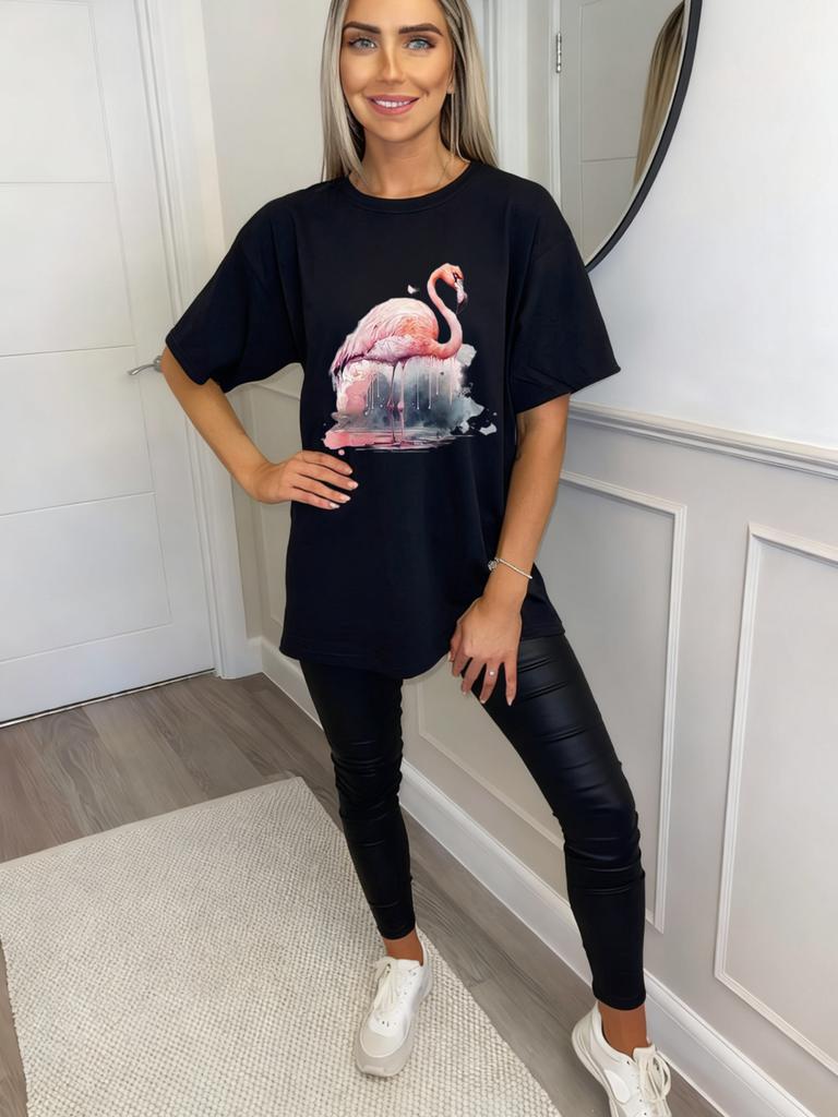 Oversized T Shirt Black Flamingo Print Summer Casual Wear