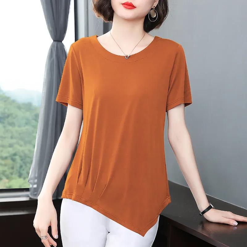Summer Women s Cotton T Shirt Short Sleeve Asymmetrical Hem Casual Top M коричневый