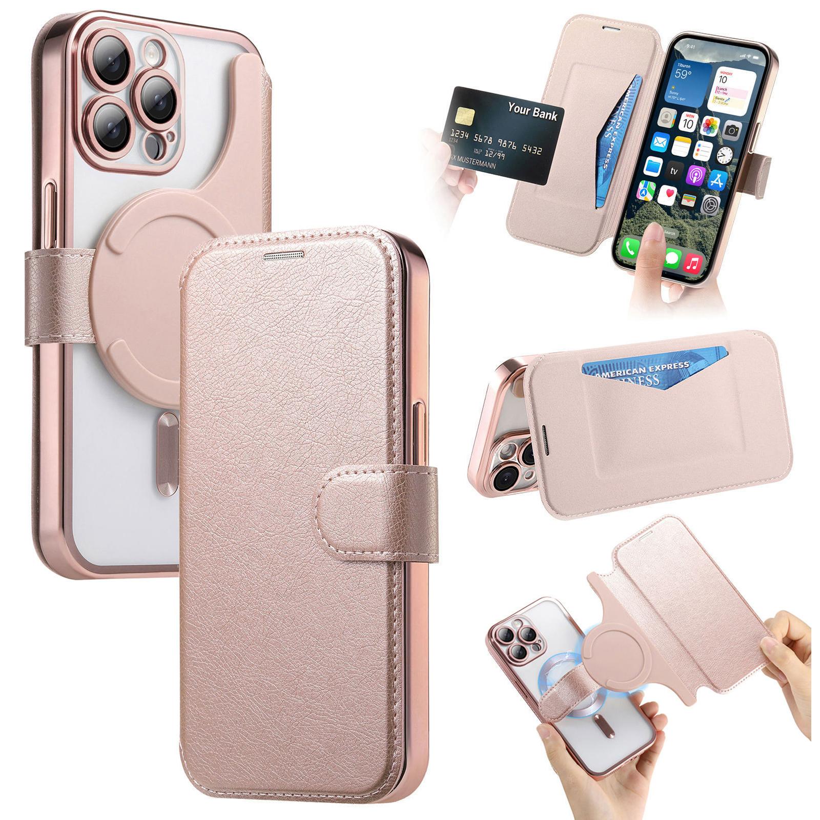 

For iPhone 13 Pro Case Compatible with MagSafe Detachable Leather Phone Cover with Lens Film Rose Gold