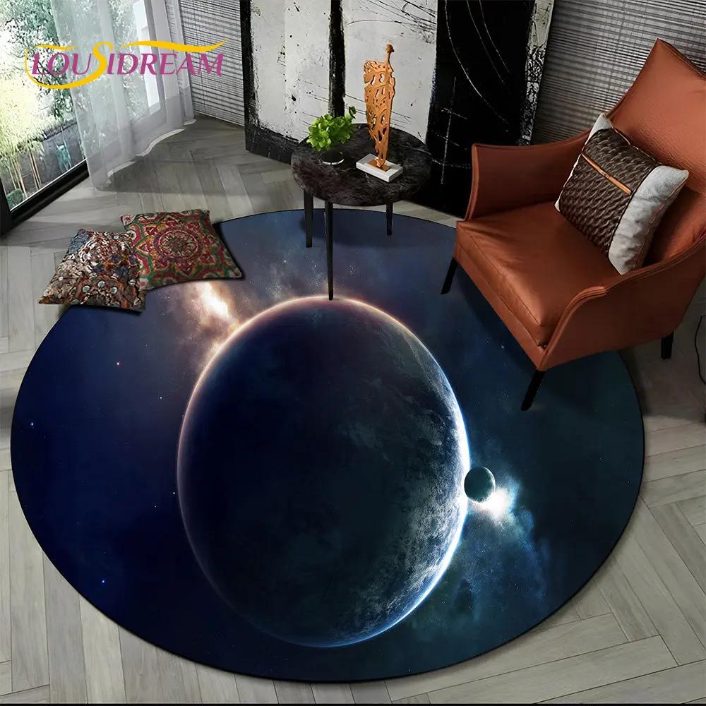 Earth Space Fixed Stars Galaxy Round Area Rug,Carpet for Living Room Children's Bedroom Sofa Playroom Decor,Non-slip Floor Mat