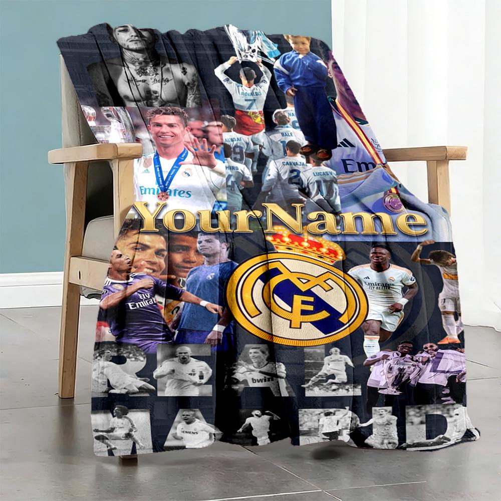 Real Madrid Personalized Text Blanket Throw Customizable Blanket Soft & Cozy Throw For Bedding Office Chair Office Bed Four Seasons Multipurpose