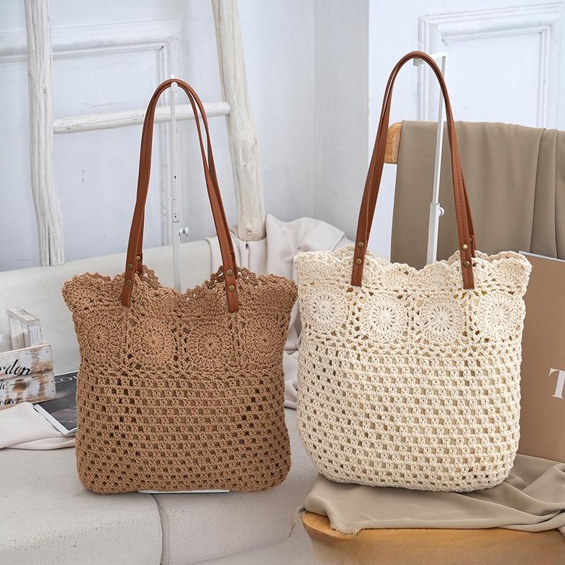 Woven Straw Bag Crochet Hollow Flower Shoulder Bag Seaside Beach Vacation Bag Large Capacity Bag бежевый