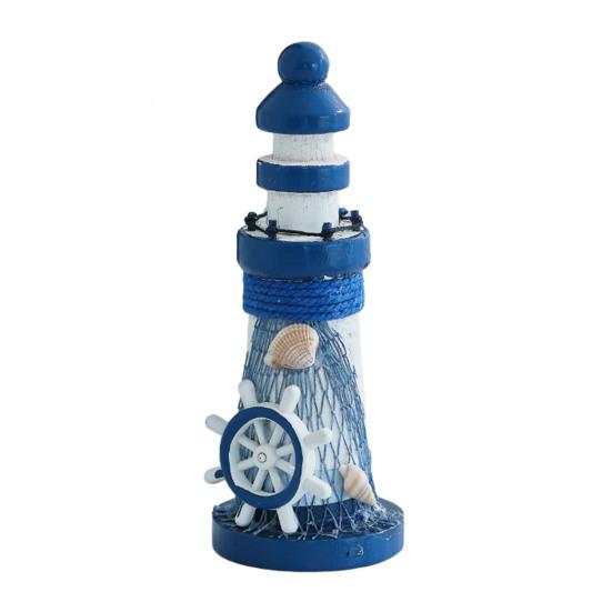Wooden Lighthouse Figurine, Handmade Nautical Lighthouse Beach Decoration, White Blue Coastal Tabletop Decor for Home, Living Room