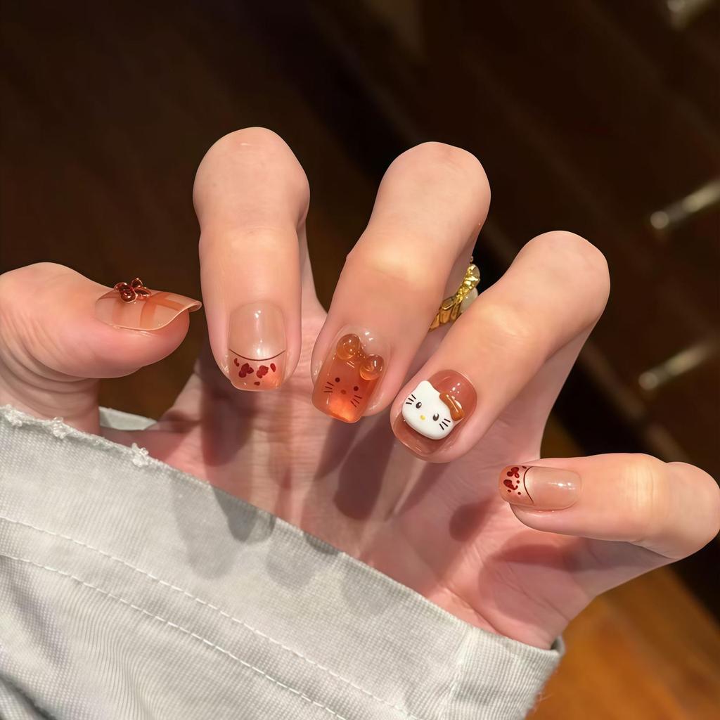 Cute KT Skin-Brightening Cat Eye Handmade French Nails with Fragrant Style and Sparkle Bow