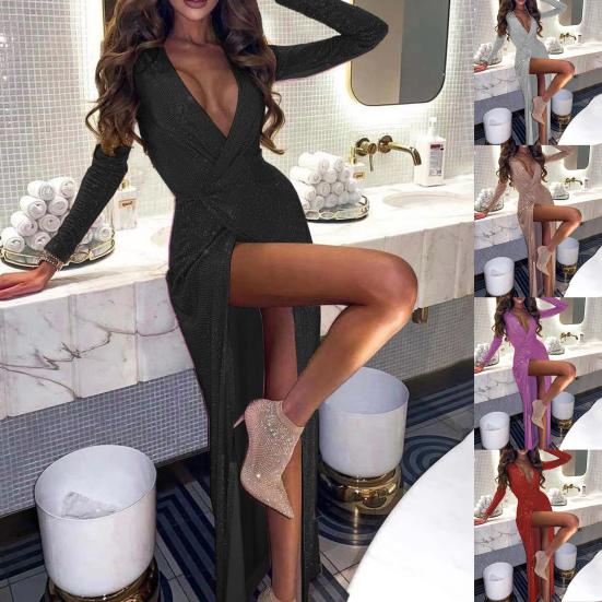 Deep V-Neck Long Sleeve Maxi Dress Slim Fit High Split Glitter Wrap Party Dress for Bar