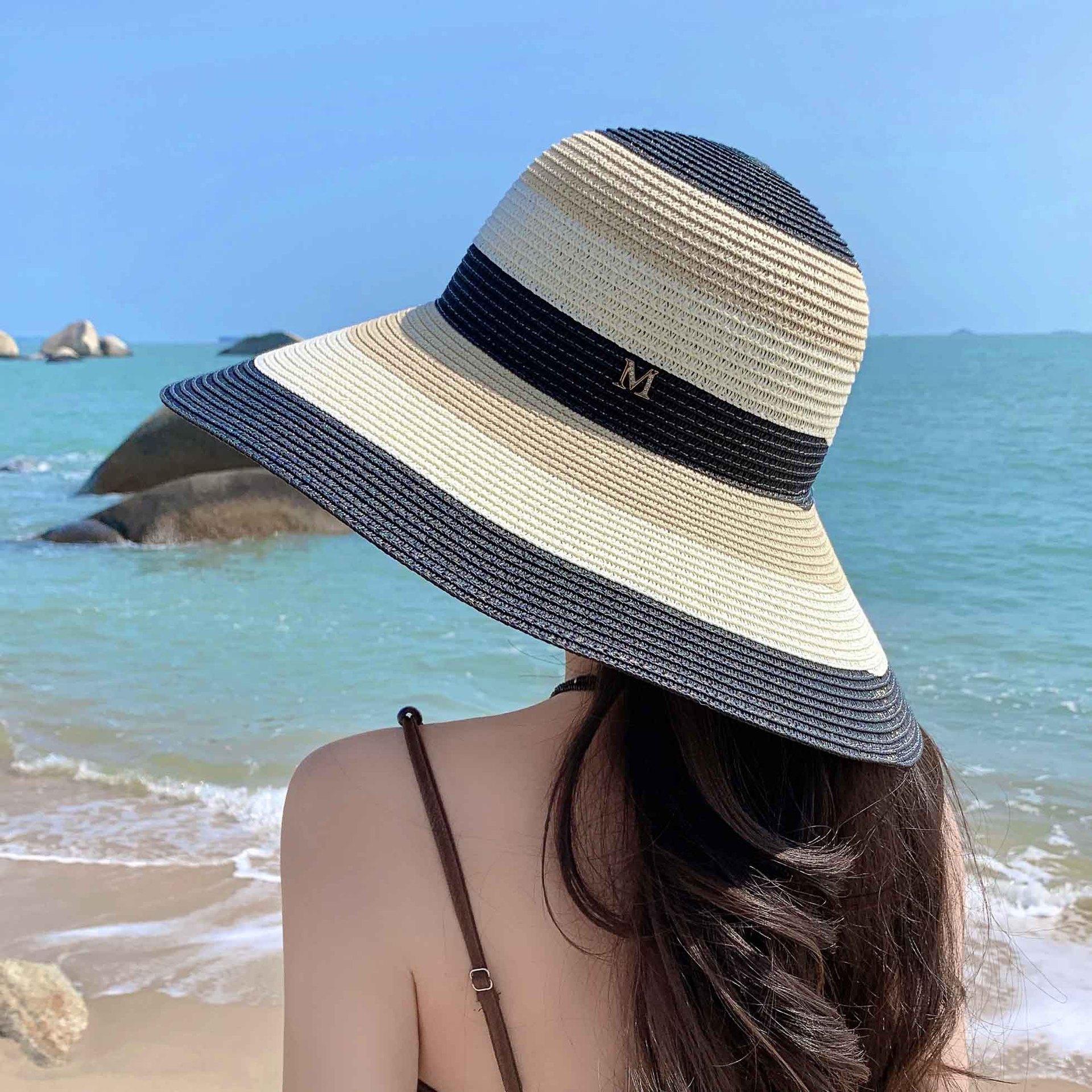 

Летняя шляпа от солнца, новая пляжная шляпа в полоску с большим краем, женская дышащая шляпа от солнца с защитой от ультрафиолета average size бежевый