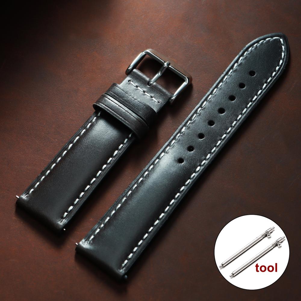Oil Wax Calfskin Leather Watchband Retro Wrist Strap 18mm 20mm 22mm with Silver Stainless Steel Buckle Soft Material Watch Band