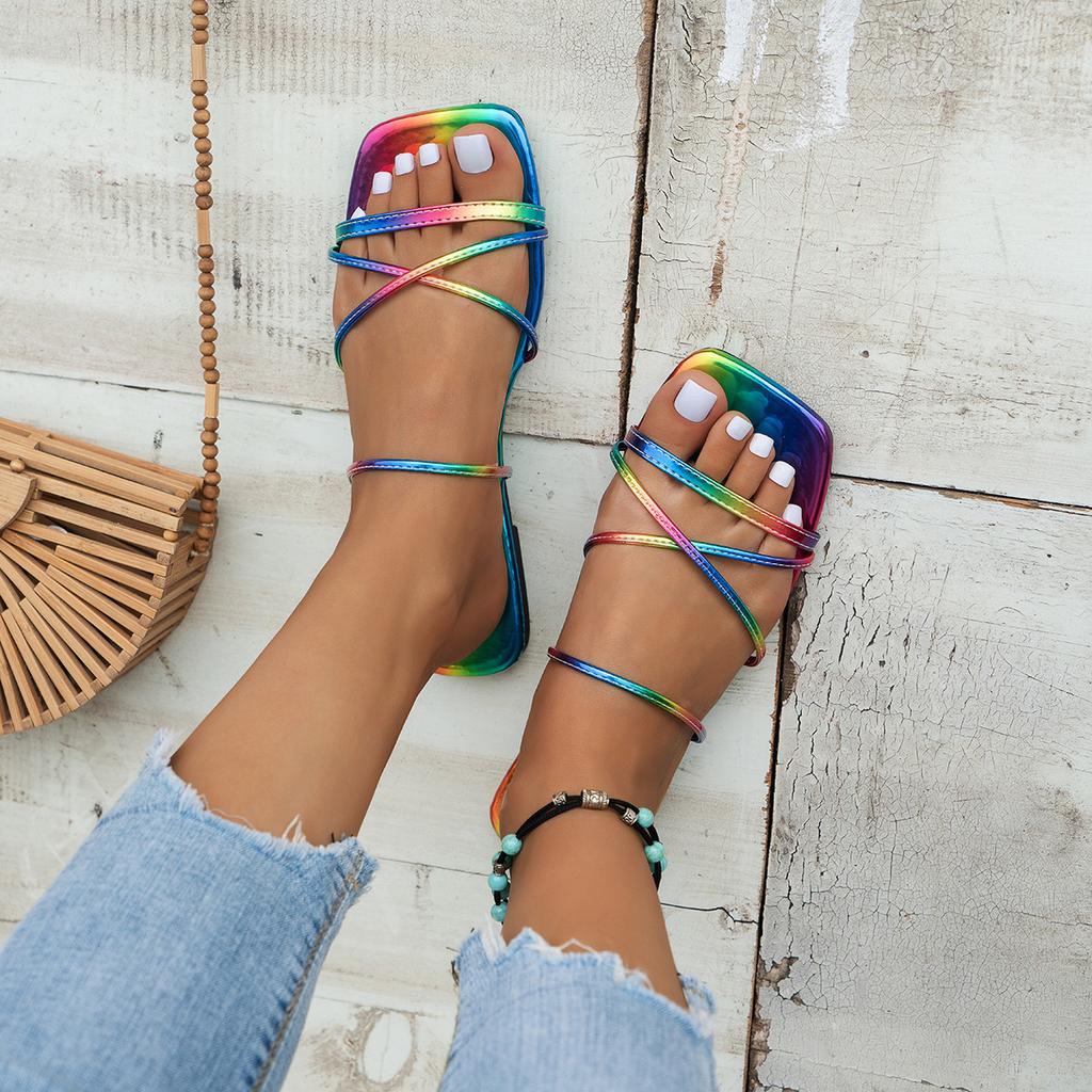 Slippers Women's New Women's Shoes Summer Square Head Colored Cool Slippers Women's One-word Strap Flat Heel Slippers