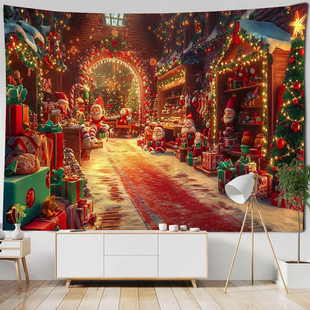 Christmas Santa Claus Workshop Tapestry Wall Hanging Festive Xmas Holiday Party Backdrop Decor for Bedroom Living Room