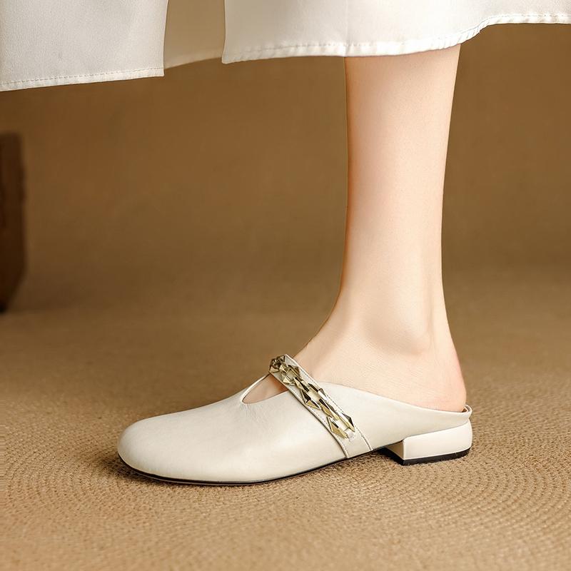Fashion Women's New Summer Genuine Leather Cowhide Metal Belt Buckle, Low Heel and Toe Wrapped M Ü Ller Slippers