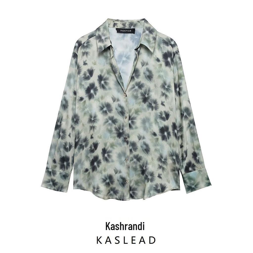 2025 Spring Women's European & American Style Print Silk Satin Long Sleeve Lapel Casual Shirt