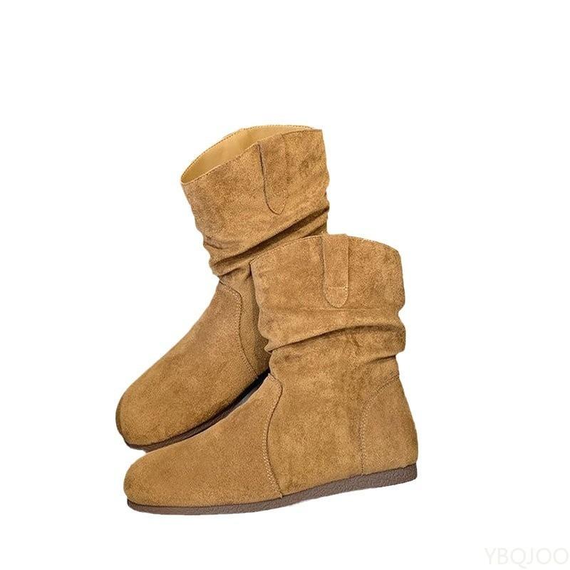 Mode Nya Mocka Vardagsstövlar Kvinnor Moderiktiga Mångsidiga Ankelstövlar Korta Slip-on Flats Retro Bekväma Mjuk Sula Damstövel