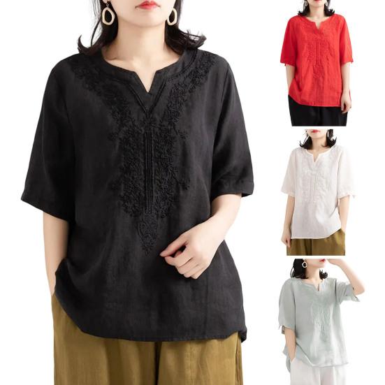 Women Tops V-Neck Short Sleeve Embroidery Flower Pattern Pullover Tops Solid Color Loose Fit Casual T-shirt Daily Wear