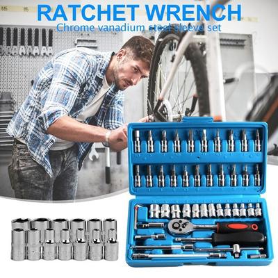 46 Pcs Car Repair Tool Box Spanner Chrome Vanadium Hand Tools and Ratchet Wrench Socket Set