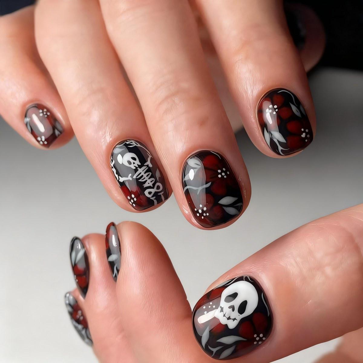 

European & American Handmade Halloween Skull Nail Art – Short Wearable False Nails