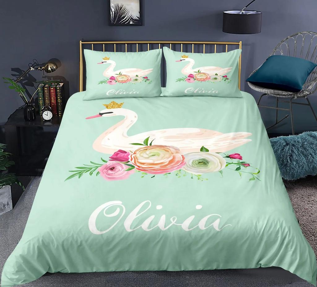 Comforter Swan Rose Crown Polyester Sweet Girl Children Romantic Pink Red Queen King Size For Bedroom Decorations