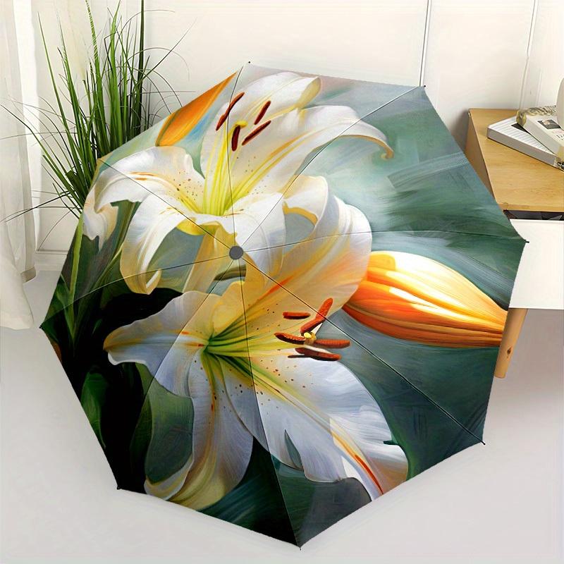 

White Lily Flower 5 Fashion Automatic Folding Umbrella - Windproof & -Protected, 8-Rib Durable Design for Commuting, Outdoor A (as the picture,Iron&8K)